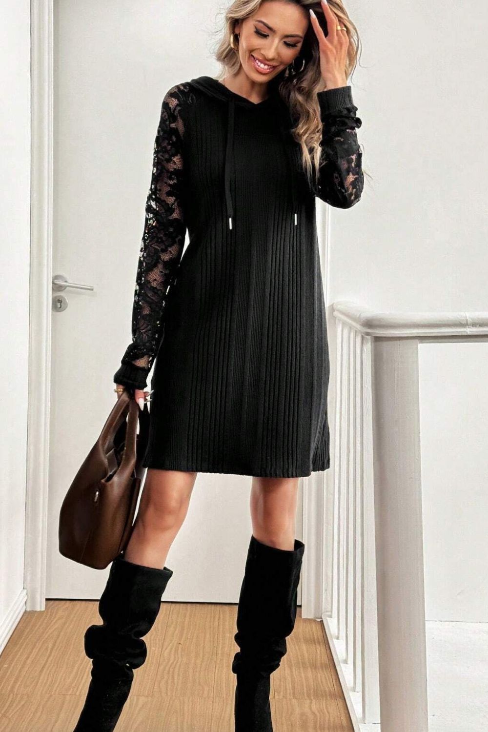 Black Long Sleeve Hooded Mini Dress with Lace Detail