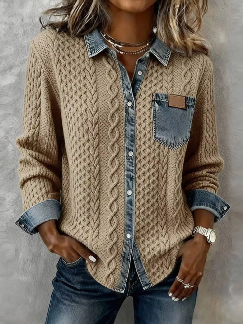 Denim Trim Cable Knit Cardigan | Buttoned Pocketed