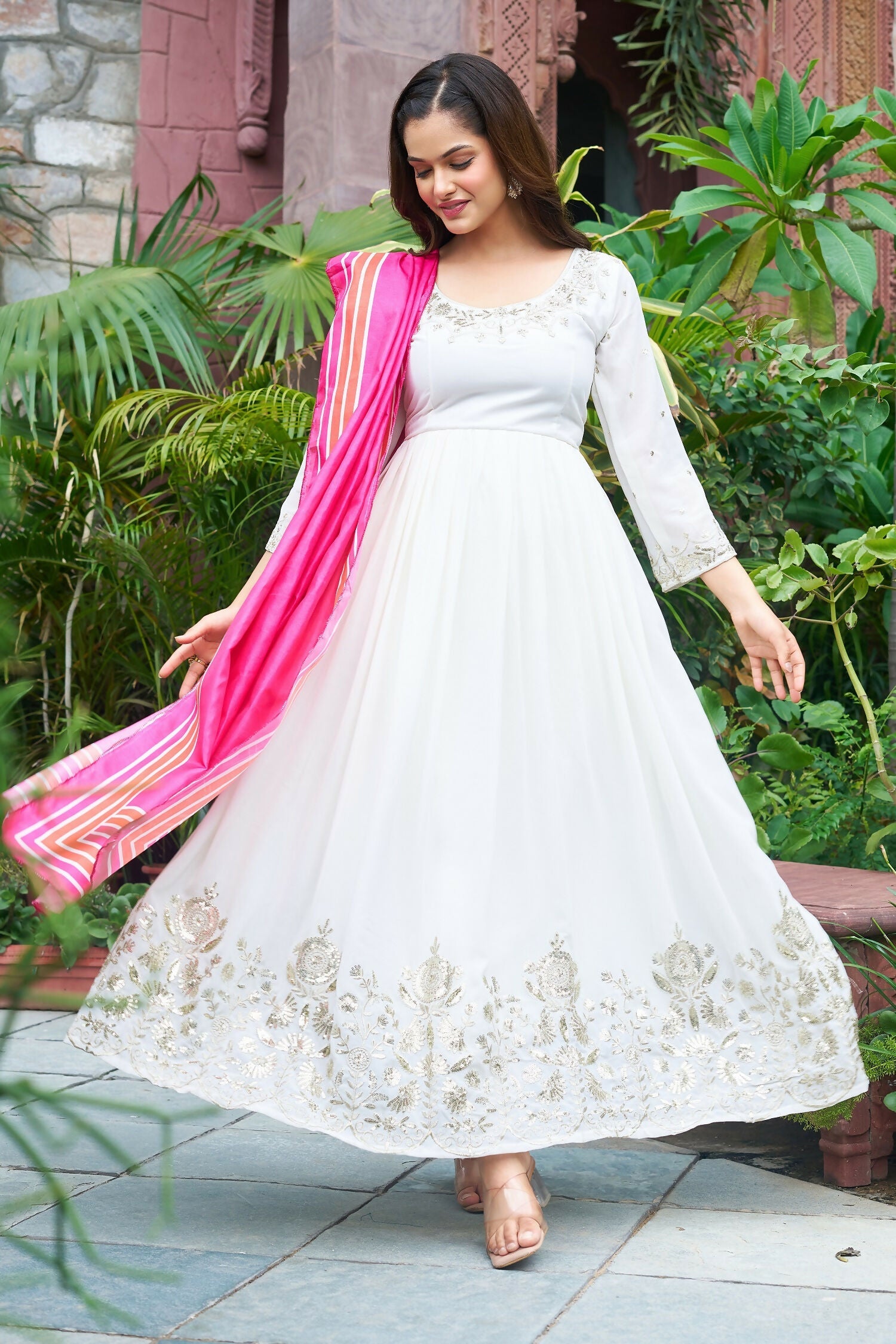 White Georgette Embroidery Sequence Work Readymade Kurta Set