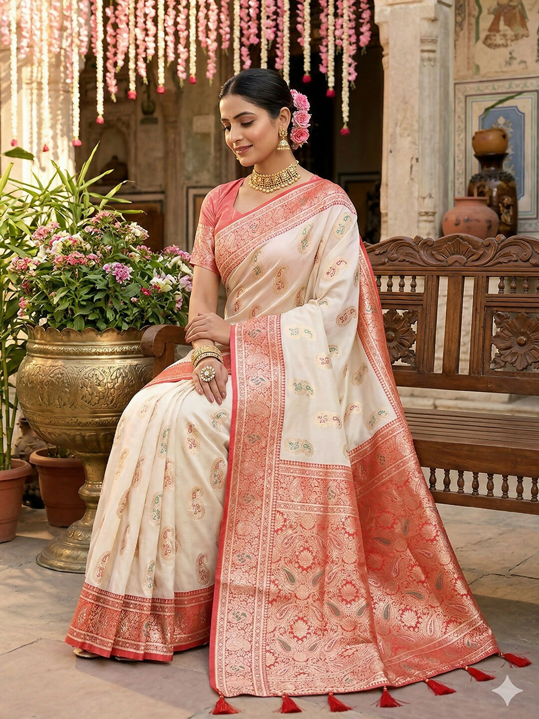 White Silk Blend Saree with Matching Blouse Piece