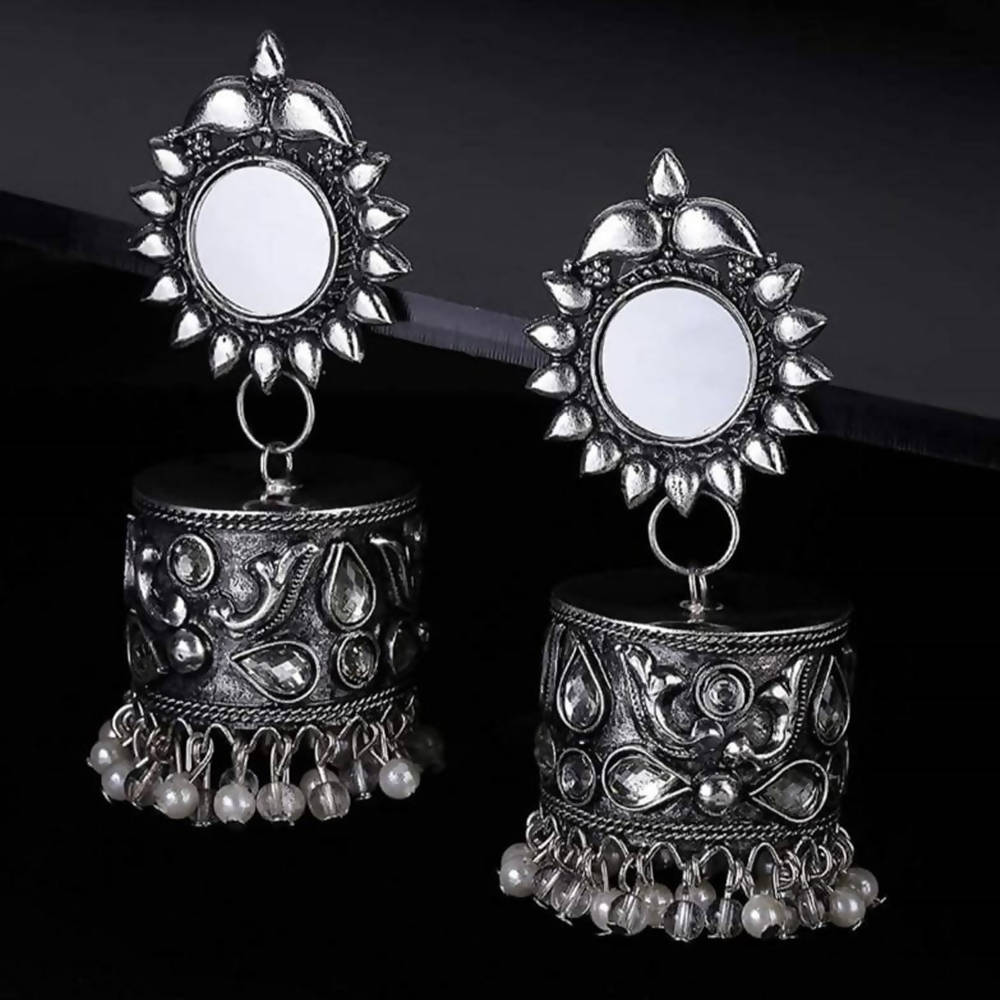 Oxidised Silver-Plated White Stone Earrings for Ethnic Party Wear