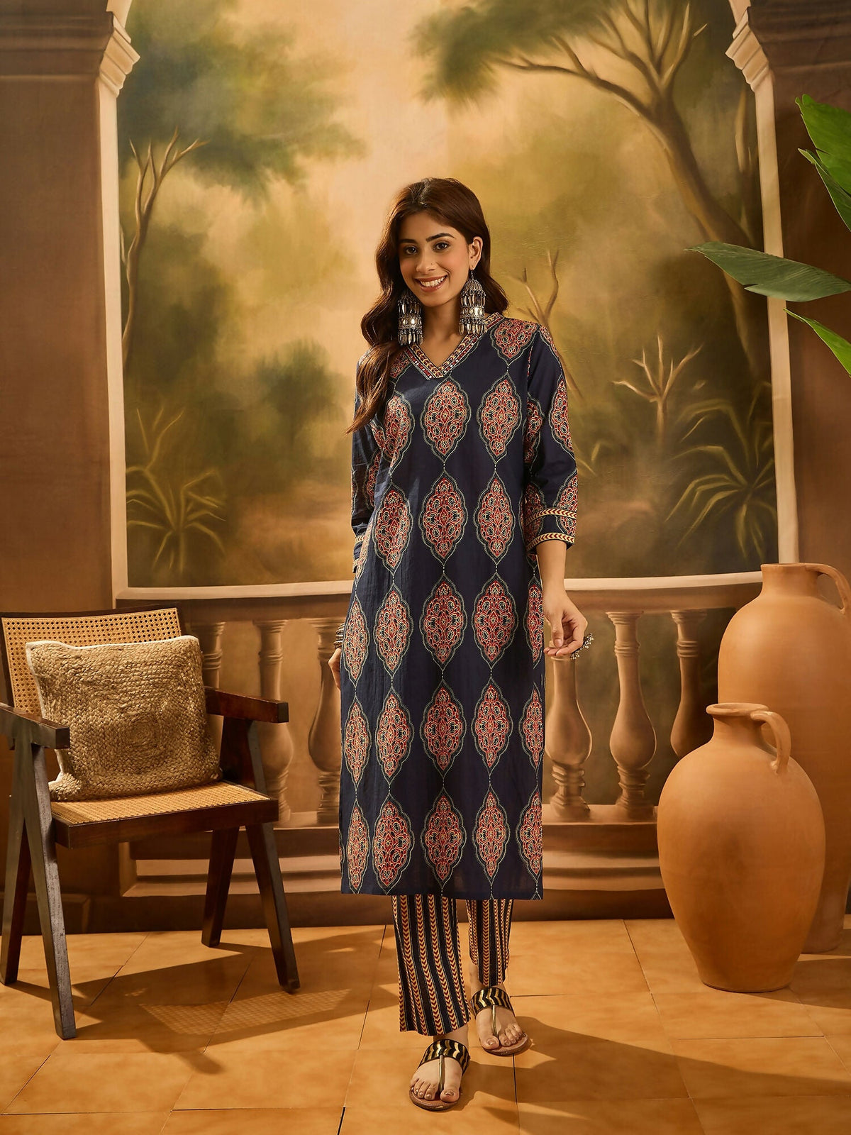 Navy Blue Printed Pure Cotton Kurta Set - Classic Ethnic Wear