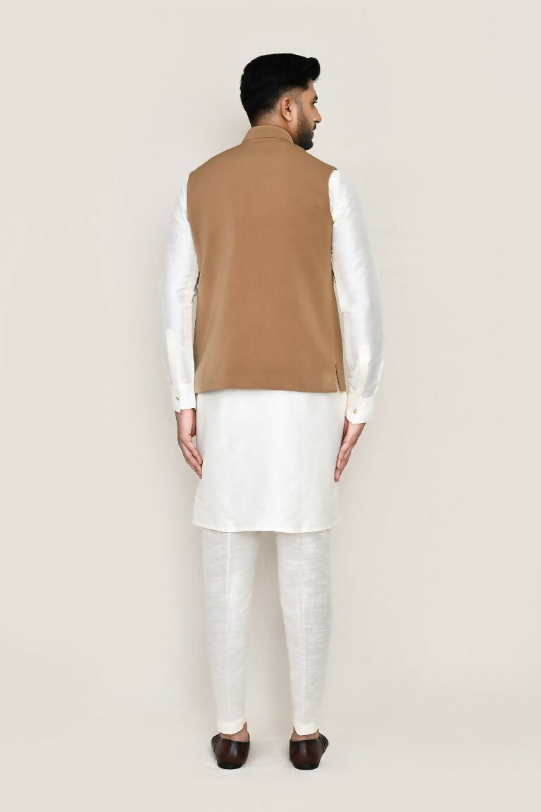 White Art Silk Kurta Set with Jacket and Straight Fit Pants