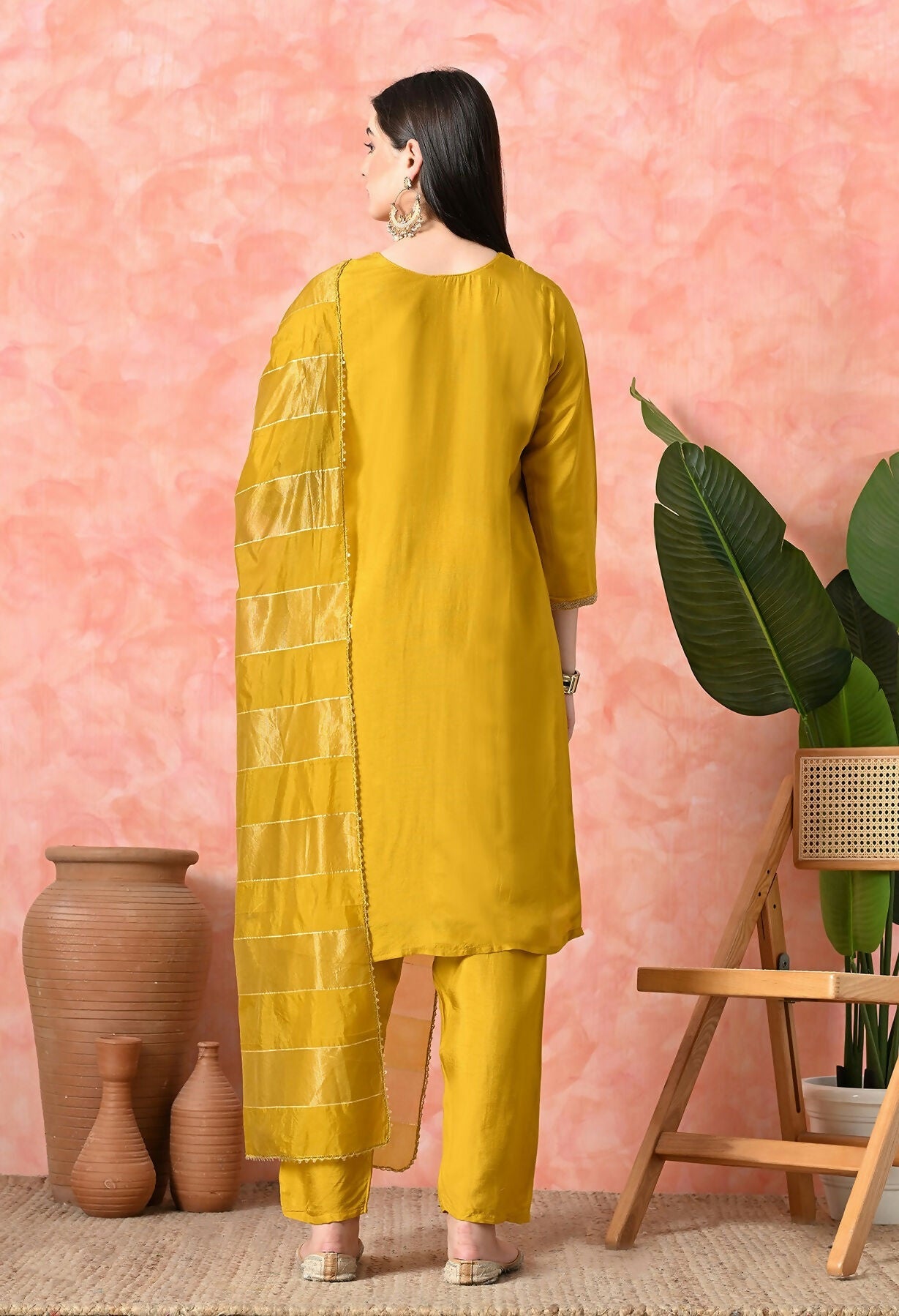 Mustard Pure Viscose Dola Kurta Set with Handwork and Organza
