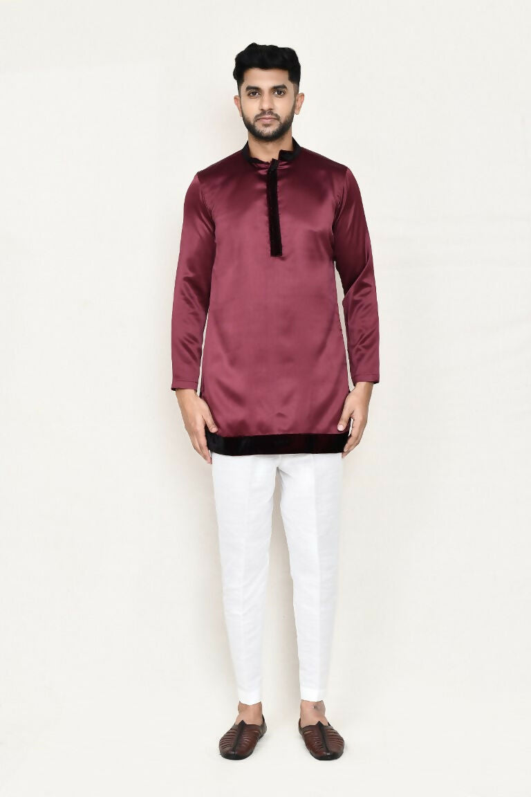 Men's Maroon Satin Silk Prince Coat, Kurta and Pant Set