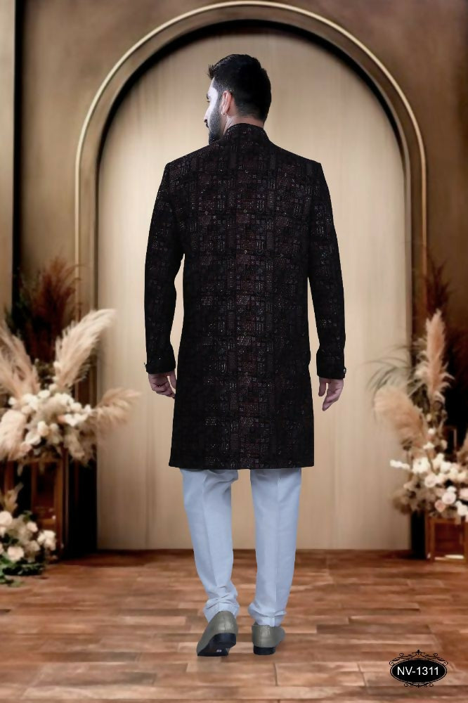 Boys Blue Velvet Kurta Set with Intricate Sequence Embroidery