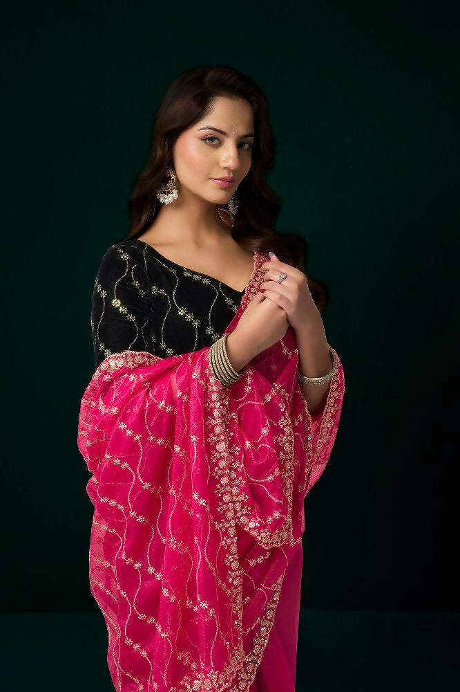 Rani Pink Net Party Saree with Black Velvet Blouse