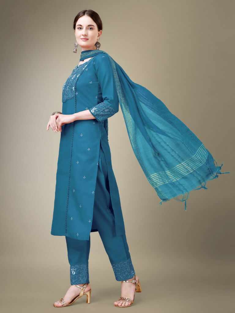 Morpich Cotton Blend Embroidered Kurta with Trouser and Dupatta