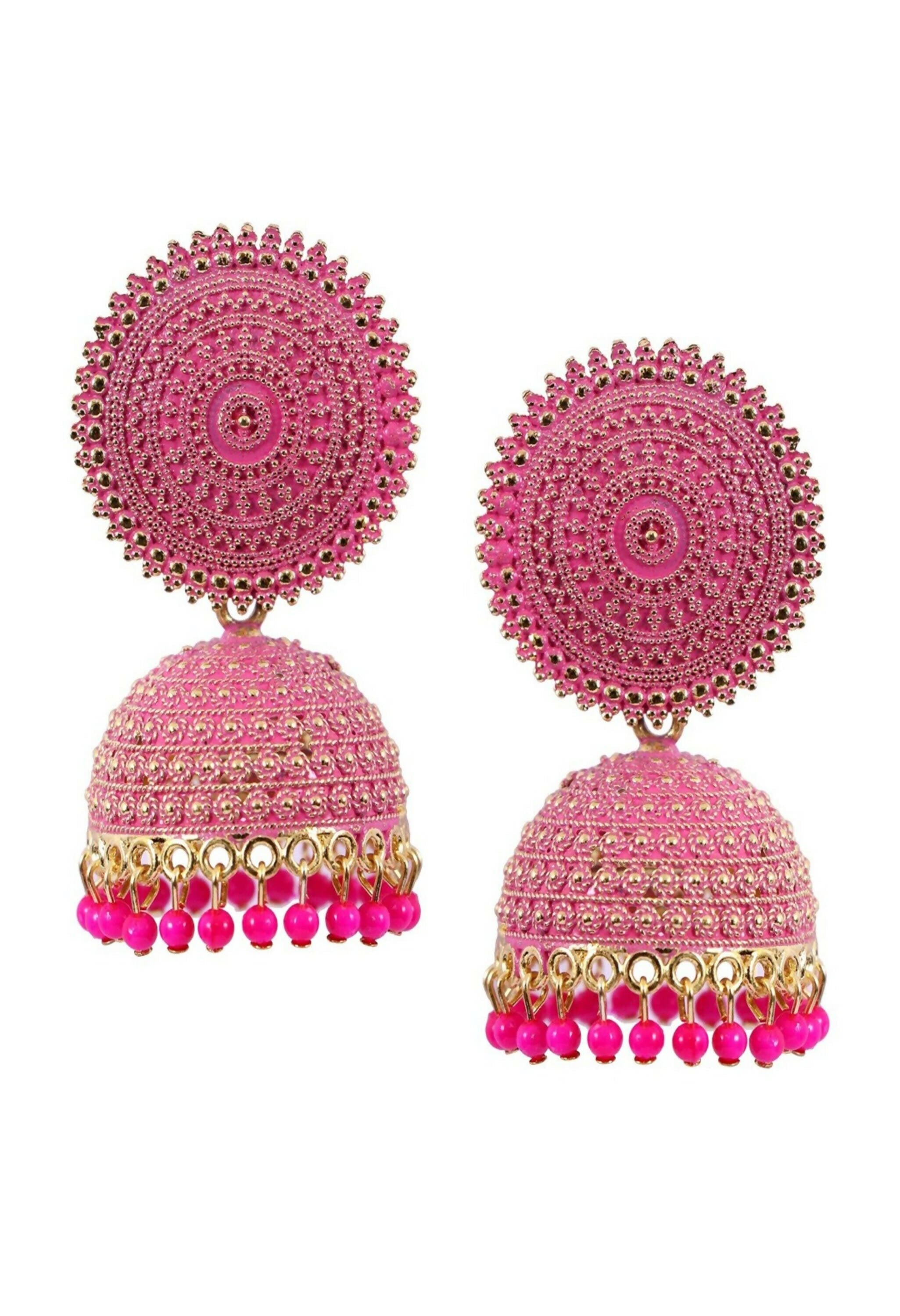 Magenta gold-polished Meenakari Jhumka earrings with pearl embellishments