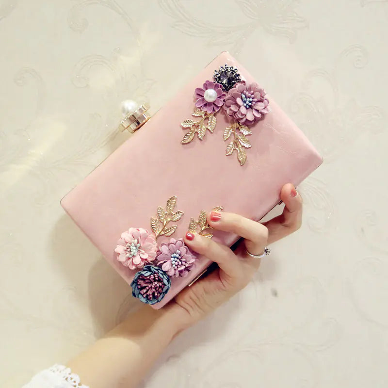 Women's Leather Evening Bag - Floral Clutch Purse