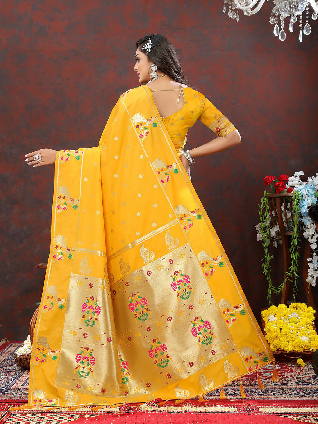 Gold Soft Paithani Silk Saree with Gold Zari Meenakari Weaving