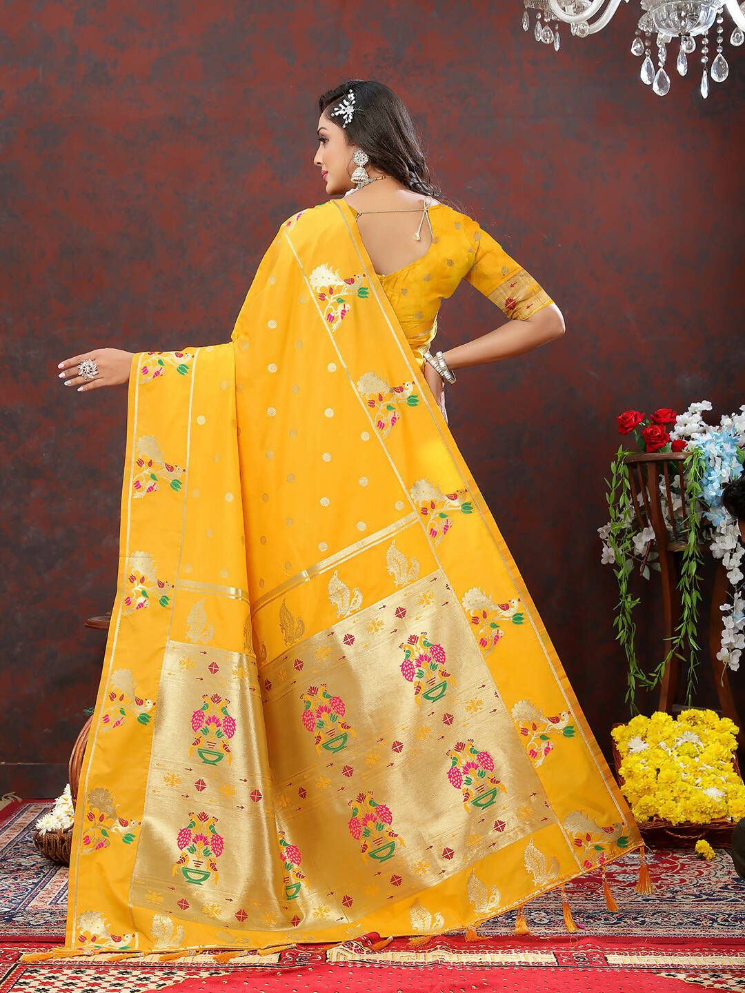 Gold Soft Paithani Silk Saree with Gold Zari Meenakari Weaving