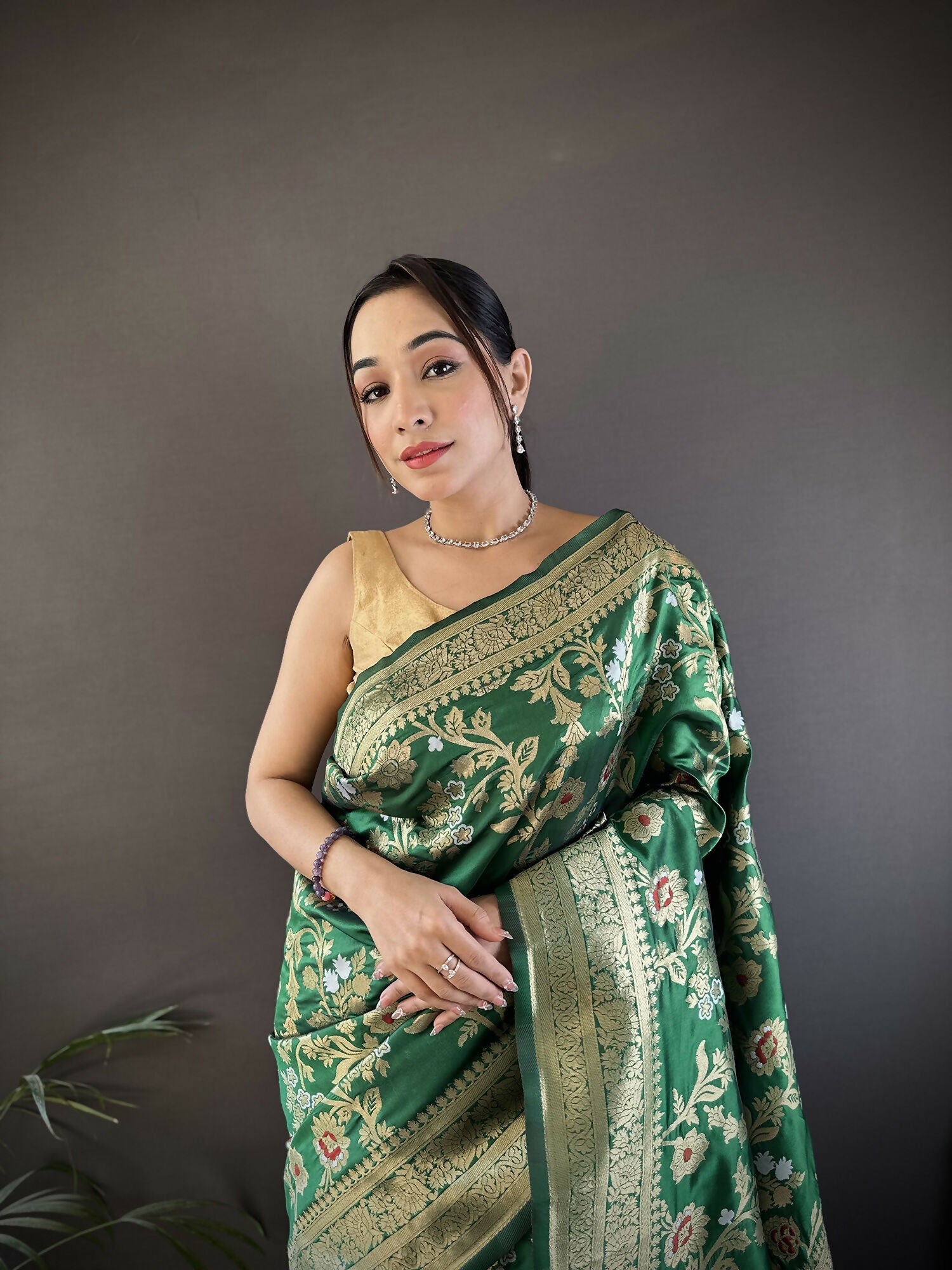 Green Floral & Ethnic Meenakari Soft Silk Banarasi Saree