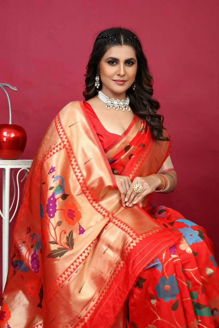 Red Paithani Silk Zari Woven Saree with Matching Blouse