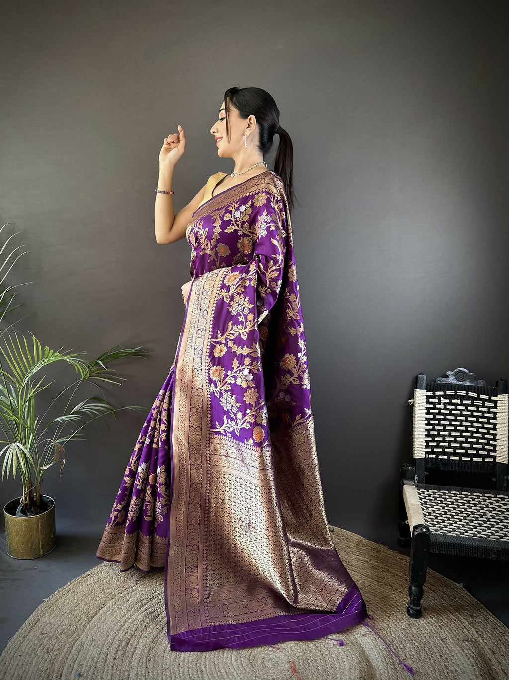 Purple Floral & Ethnic Motif Soft Silk Meenakari Banarasi Saree