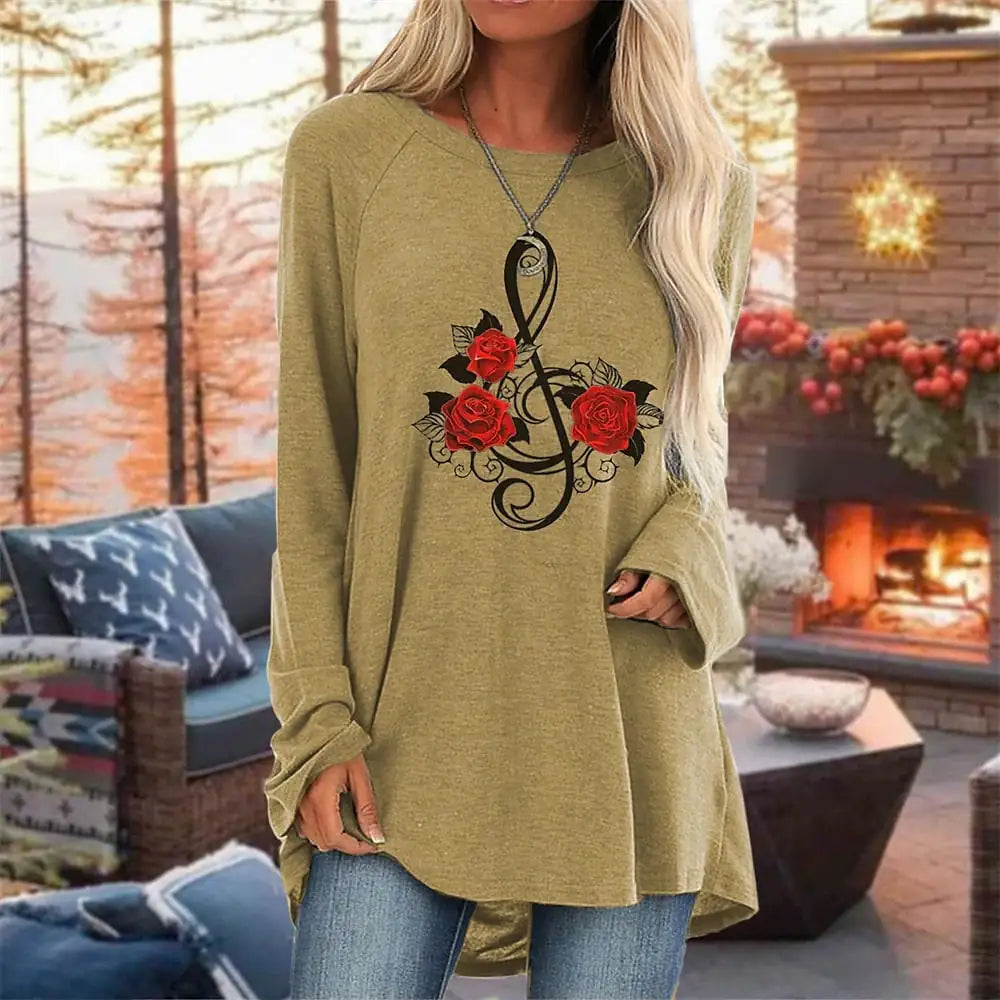 Women's 3D Rose Print Long Sleeve T-Shirt Round Neck Casual Top - Image 36