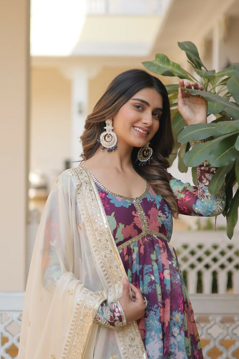 Wine Russian Silk Anarkali Dress with Sequins and Zari Embroidery