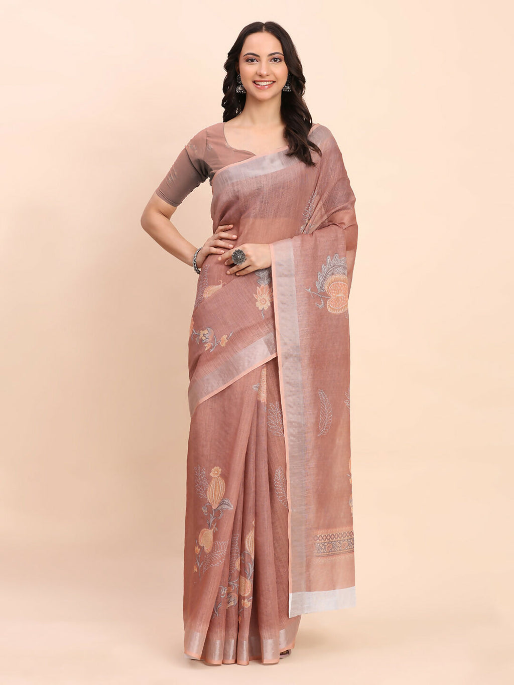 Brown Linen Cotton Saree for Women with Matching Blouse Fabric