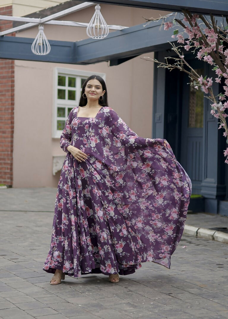 Wine Faux Georgette Floral Printed Anarkali Dress with Dupatta