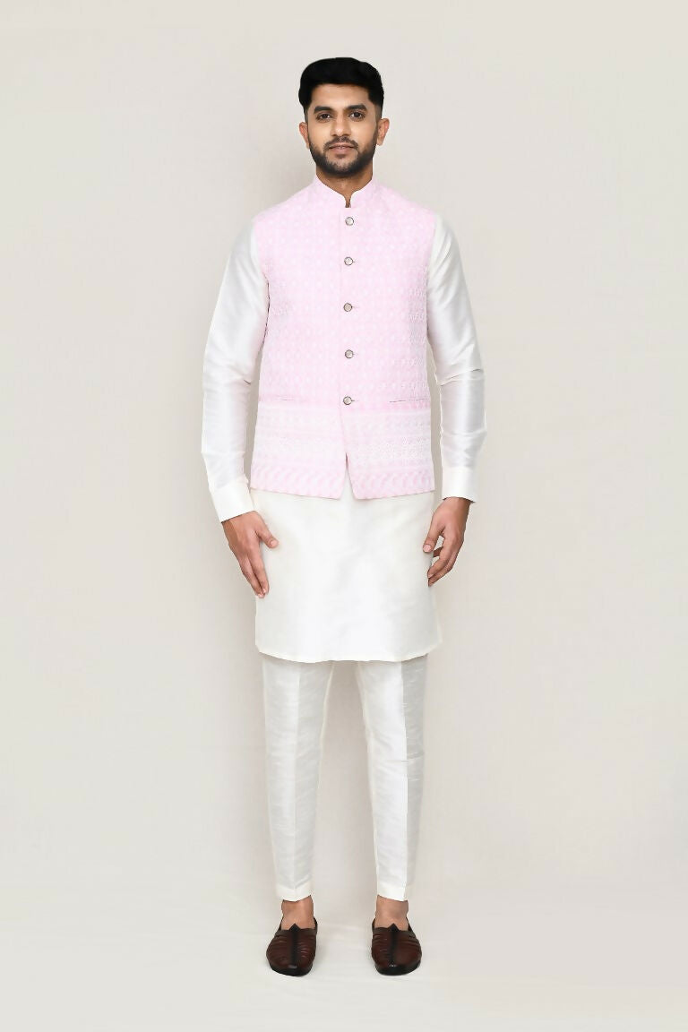 White Art Silk Kurta Set with Matching Jacket and Straight Pants