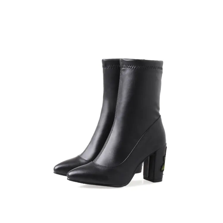 Women's Gray Embroidered Ankle Boots with Chunky Block Heels - Image 25
