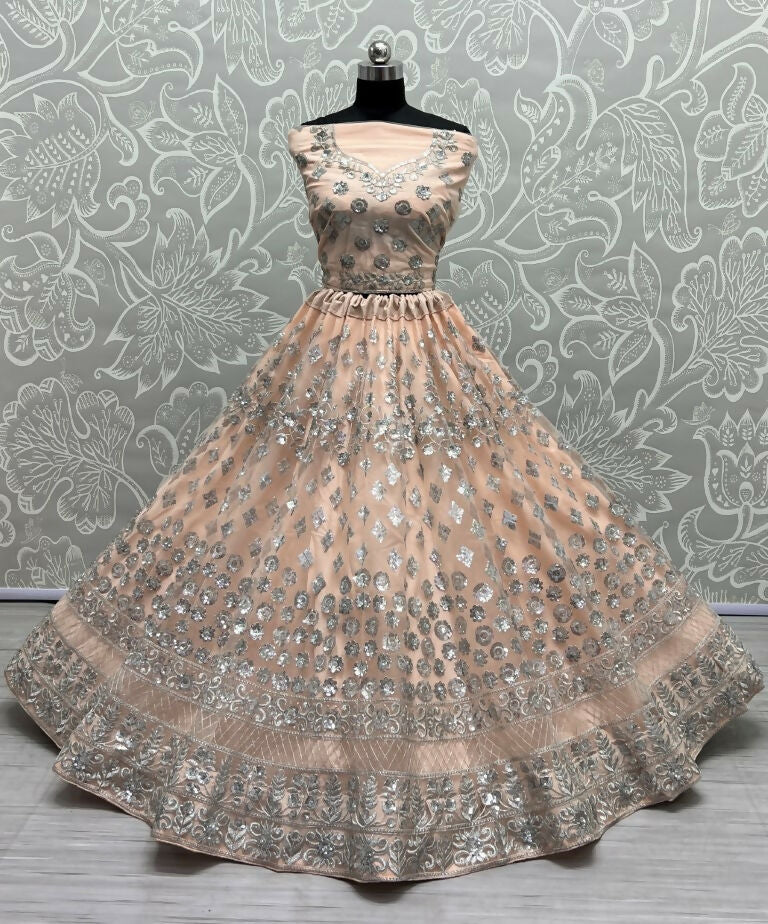 Peach Bridal Net Lehenga Choli with Zari & Thread Embroidery