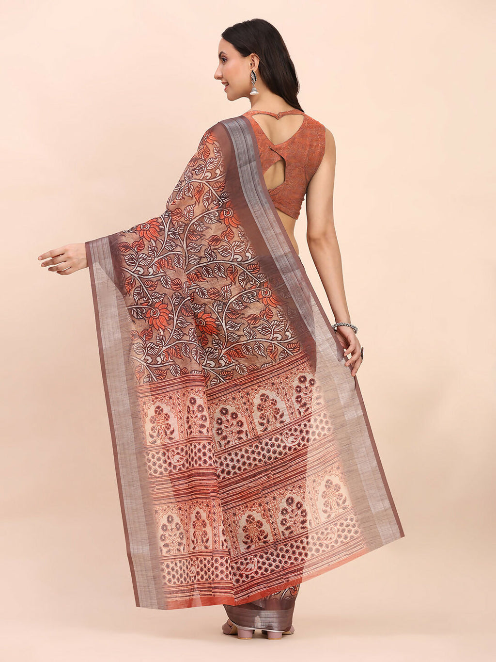 Linen Cotton Brown Saree with Orange Blouse