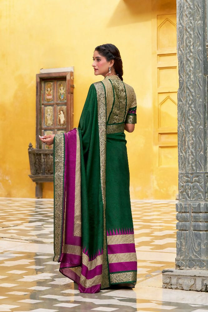 Green Poly Cotton Saree with Zari Weaving and Prints