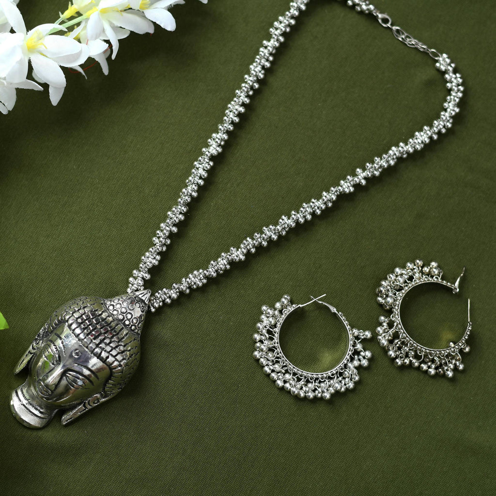 Silver-Plated Budha Long Necklace for Women Oxidised Jewelry