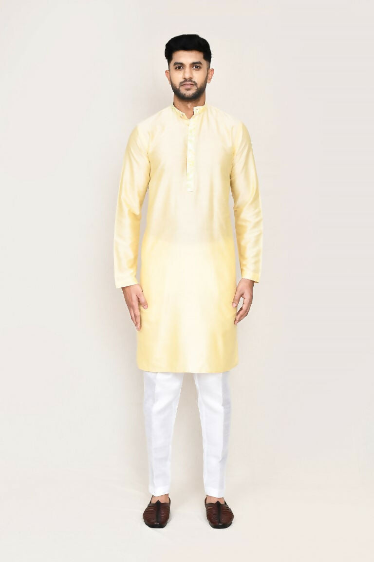 Cream Art Silk Kurta Set with Straight Fit Pant