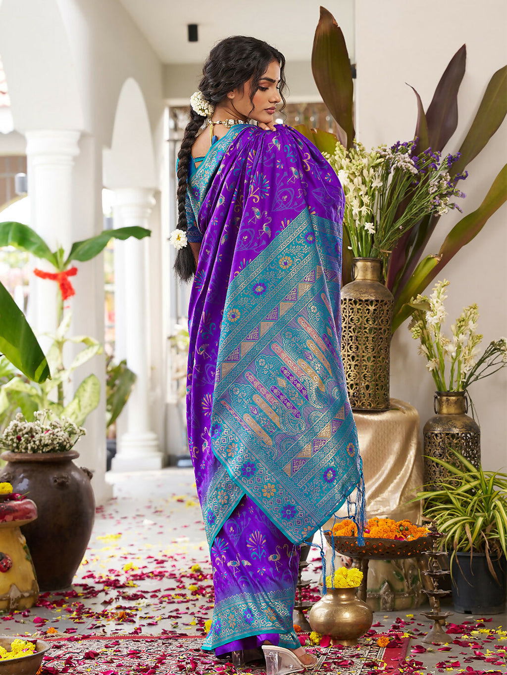 Violet Soft Silk Saree with Teal Blue Blouse for Elegant Occasions