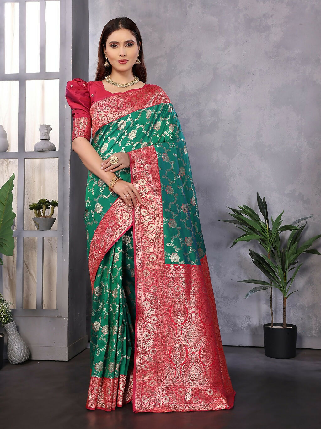 Green Banarasi soft silk saree with elegant traditional woven work