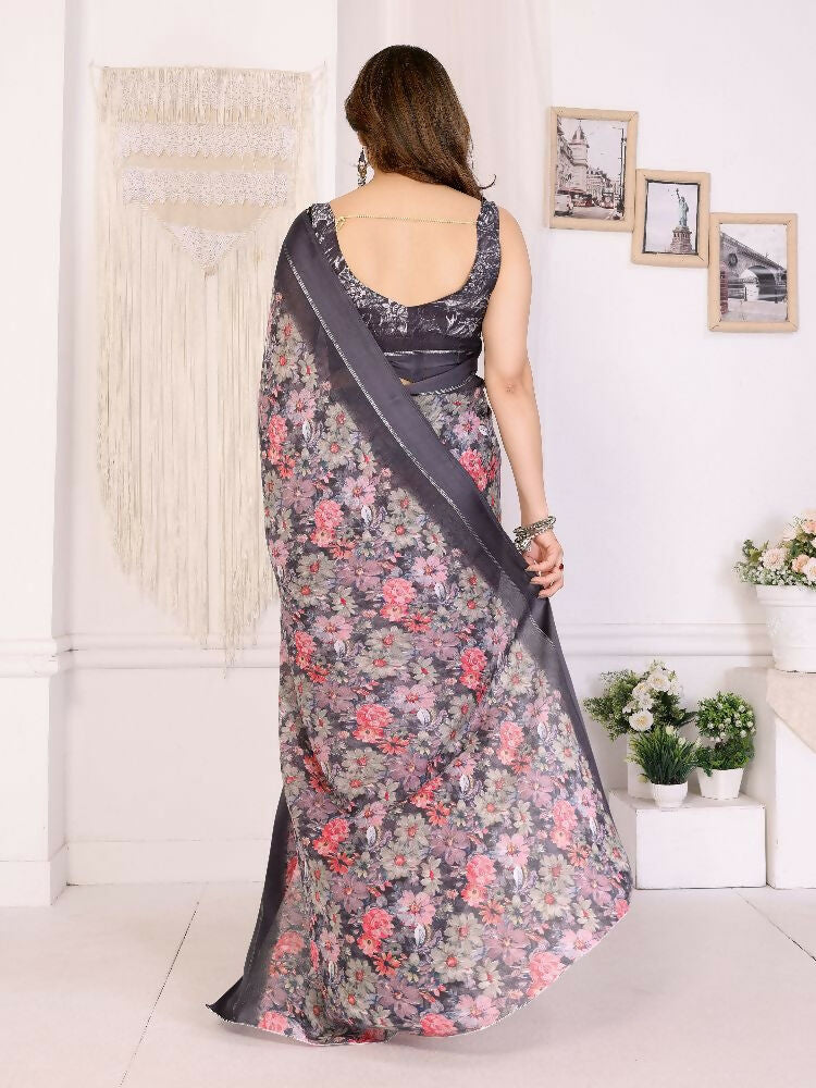 Black Bright Moss Satin Patta Printed Saree