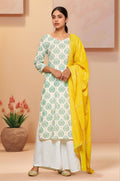 White kurti with botanical leaf print paired with matching palazzo pants