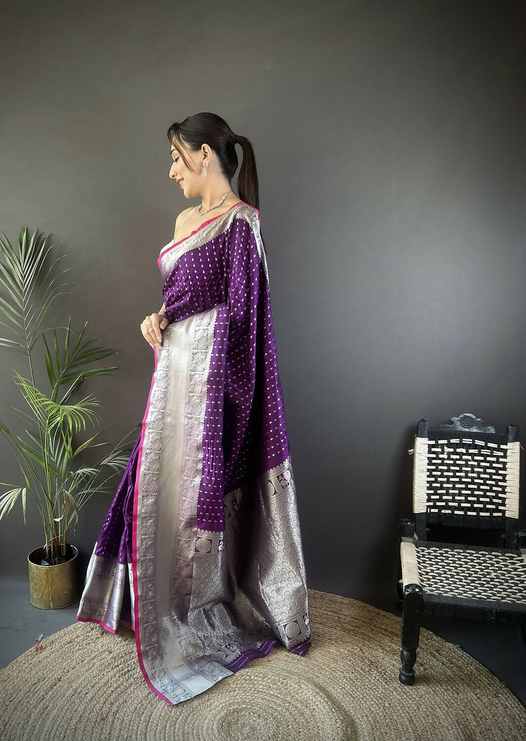 Purple Small Butti Banarasi Silk Saree with Unstitched Blouse