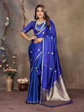 Royal Blue Satin Silk Banarasi Saree with floral and botanical motifs