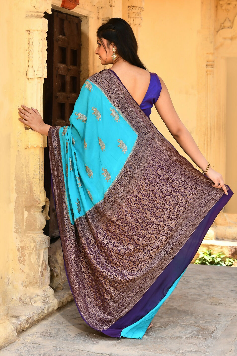 Sky Blue Crepe Chiffon Pure Handloom Banarasi Silk Saree