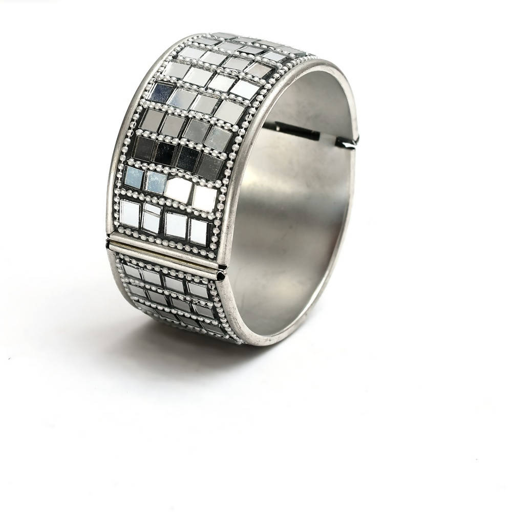 Oxidised metal bracelet featuring decorative mirror work for women
