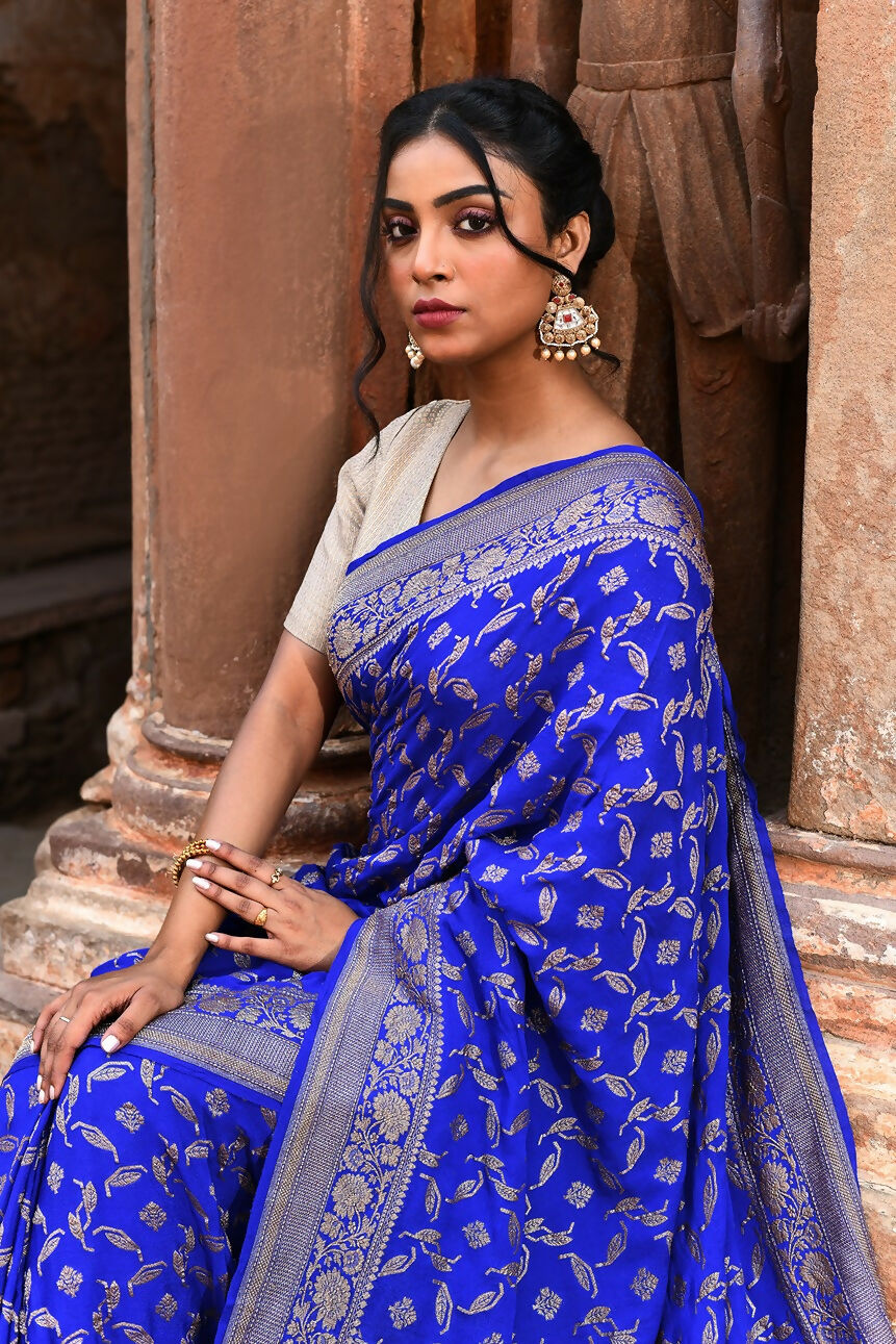 Violet Crepe Chiffon Handloom Banarasi Silk Saree with Gold Zari