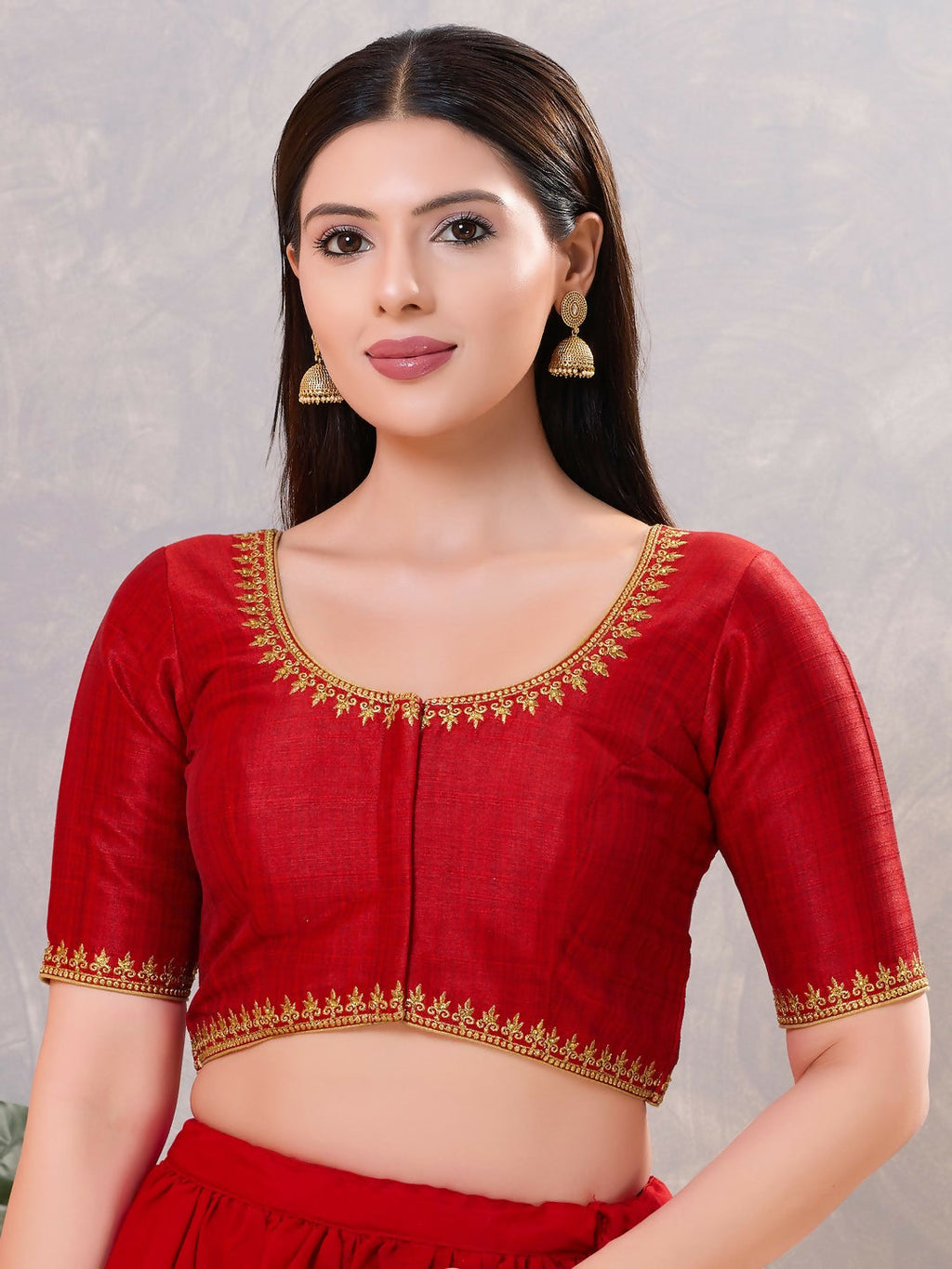 Dark-Red silk blouse with round neck and embroidery