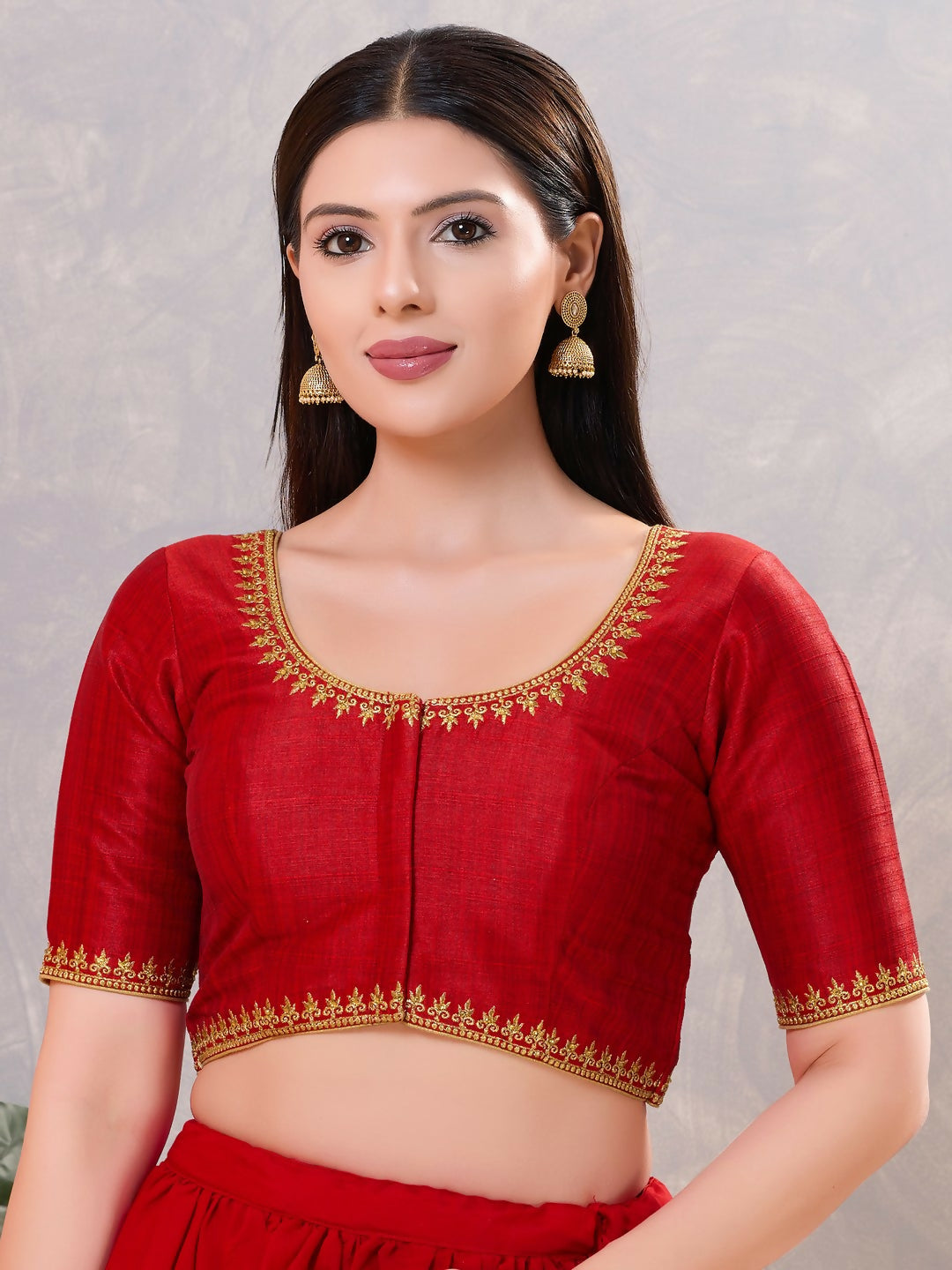 Dark-Red silk blouse with round neck and embroidery