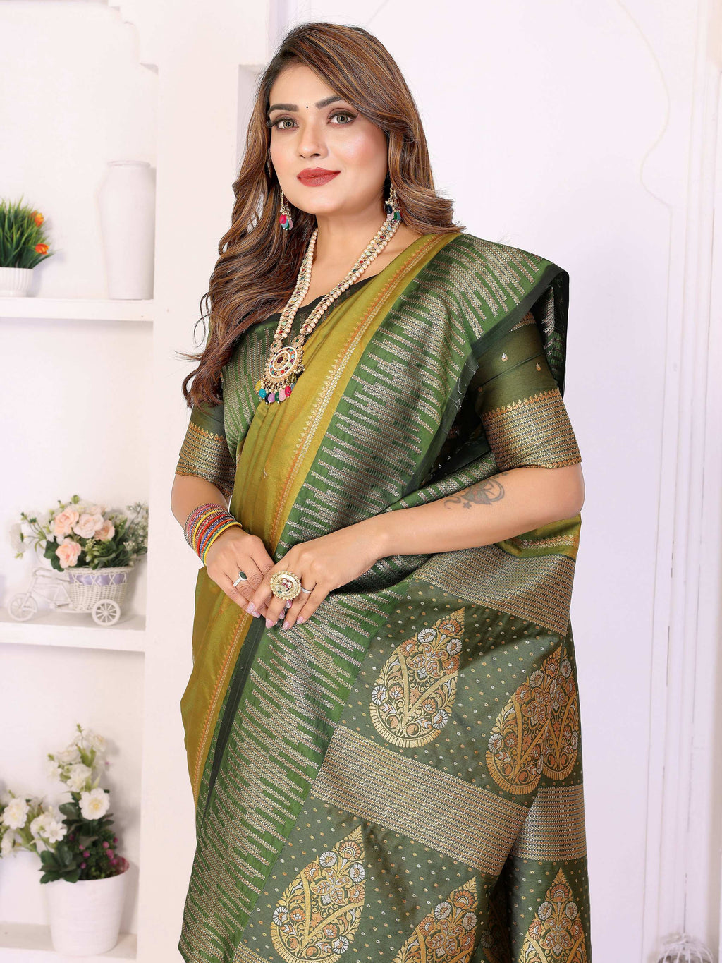 Pista Green South Soft Silk Zari Weaving Saree with Blouse Piece