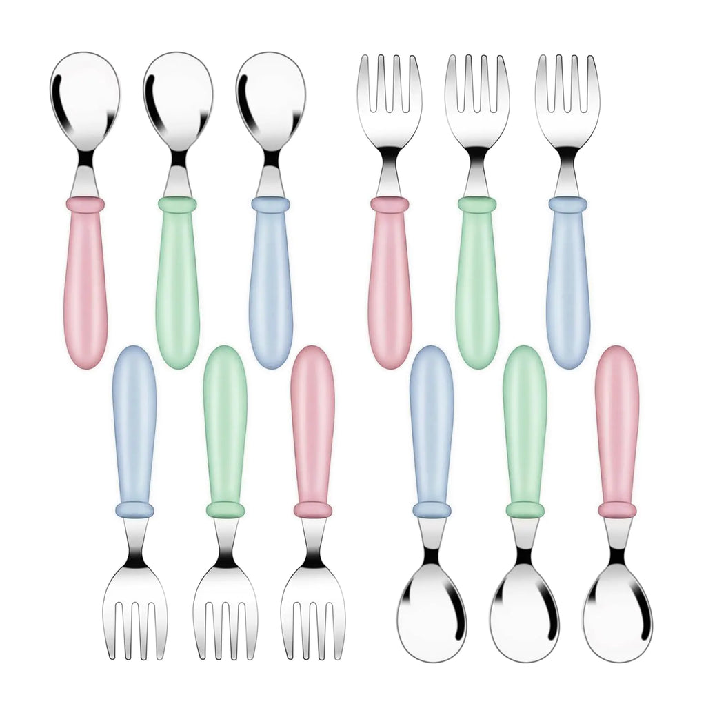 12 Pack Toddler Spoons and Forks Stainless Steel Baby Utensils Kids Cutlery Toddler Silverware Set with Round Handle for Self Feeding Safe Flatware Dining Lunch Box Home Kitchen