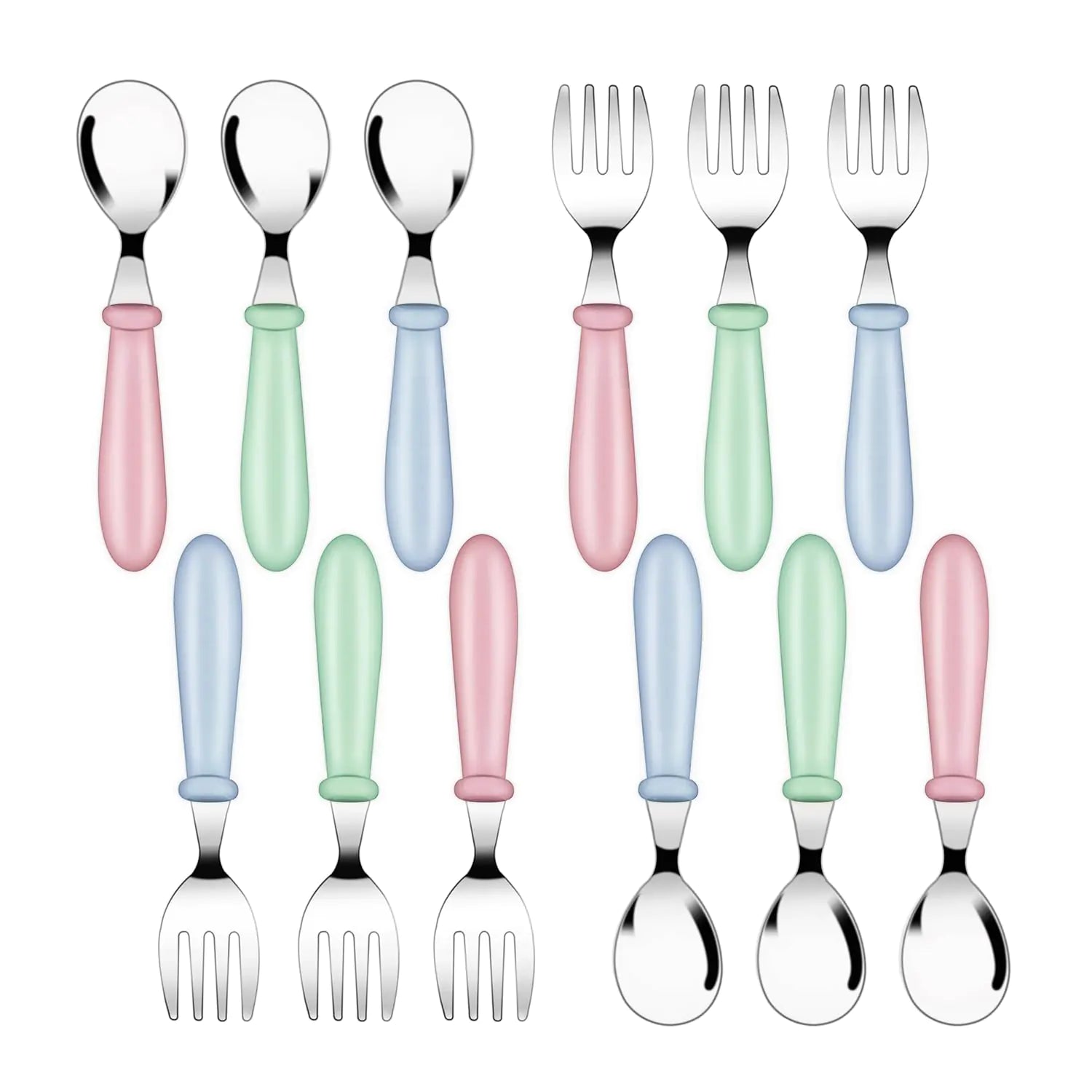 12 Pack Toddler Spoons and Forks Stainless Steel Baby Utensils Kids Cutlery Toddler Silverware Set with Round Handle for Self Feeding Safe Flatware Dining Lunch Box Home Kitchen