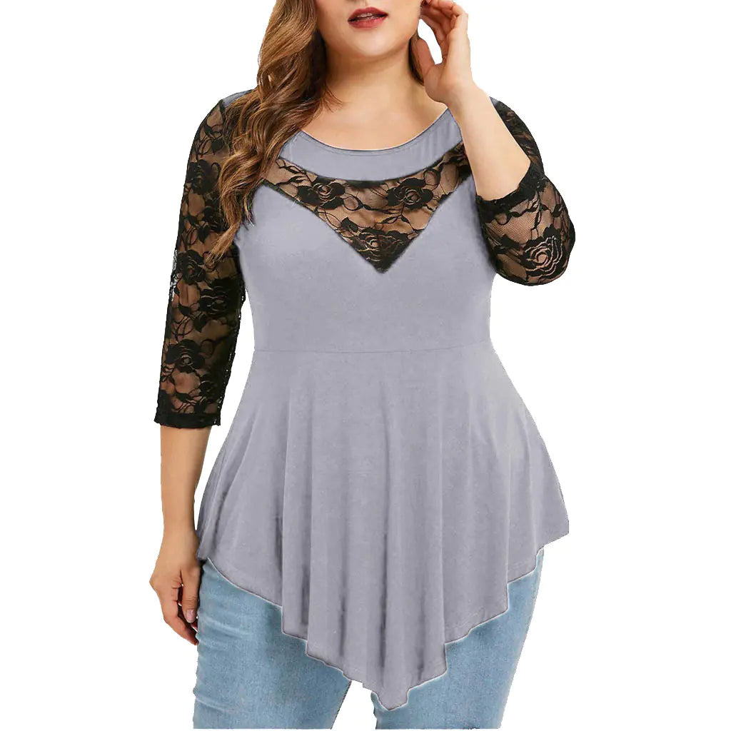 Spring Plus Size Floral Lace Top with Sheer Hem