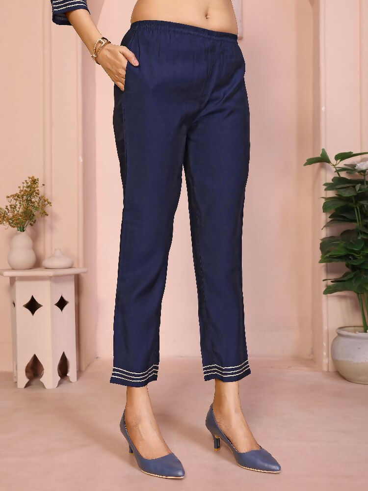 Women Navy Blue Roman Embroidery Stitched Kurta Set