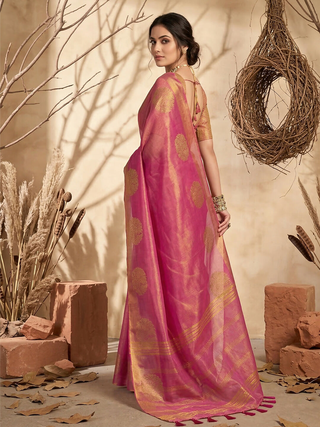 Wine Tissue Silk Saree with Matching Blouse
