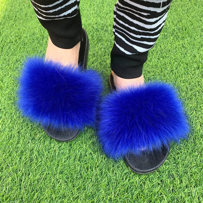 Women's Multicolored Faux Fur Flat Slippers Cozy Open Toe Slides