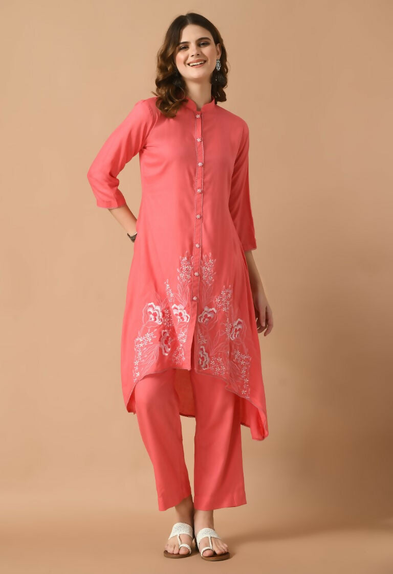 Coral Cotton Rayon Kurta Set - Trendy Breathable Ethnic Wear
