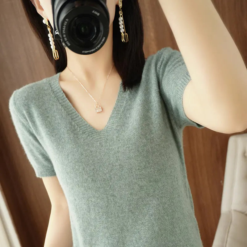 Women's Short Sleeve V-Neck Knit Sweater in Beige - Image 33
